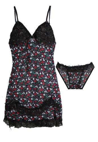 Sweet Lingerie - Annabelle Print Mesh And Lace Sweet Babydoll 2 Pc Set