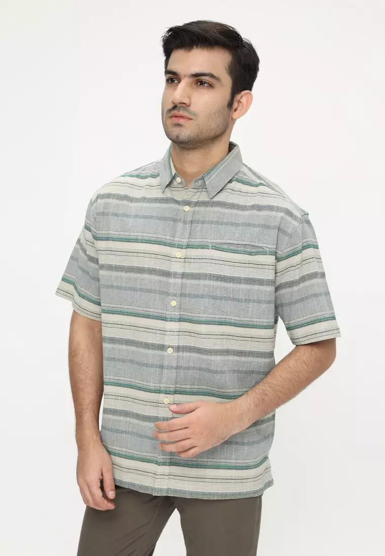 POLICE Kemeja Salur Printing Abu Biru Regular Fit Pria