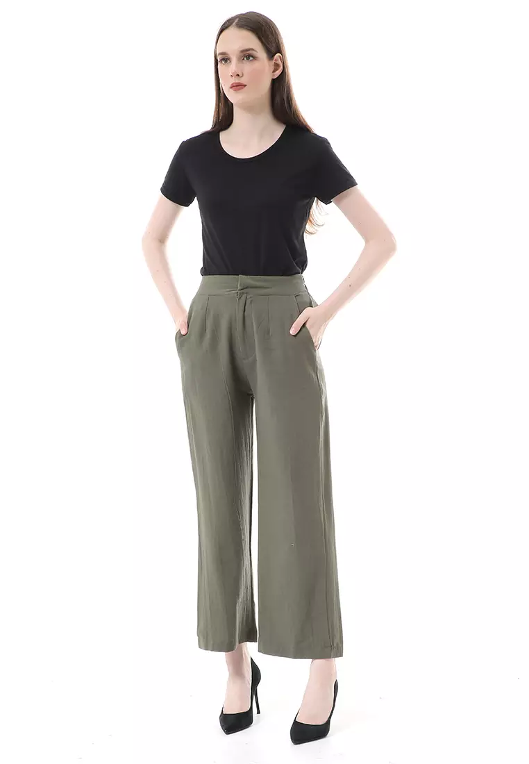 Celana Kulot Bawahan Wanita Highwaist Desain Casual Motif Polos Regular Fit - Army