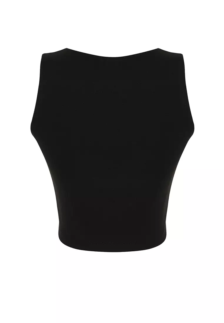 Black Plain Slim Regular Button Detailed Crop Vest