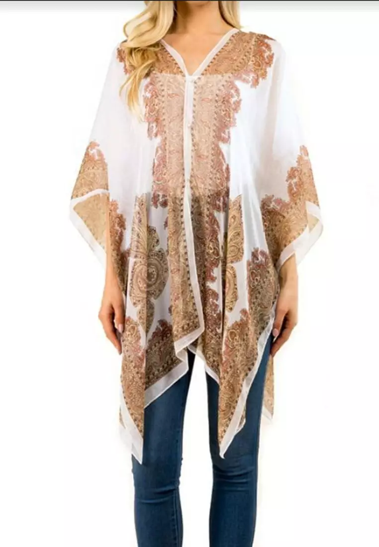 Aksesoris Wanita Victorian Print Multipurpose Scarf & Outer Poncho Style Syal Outer Wanita White