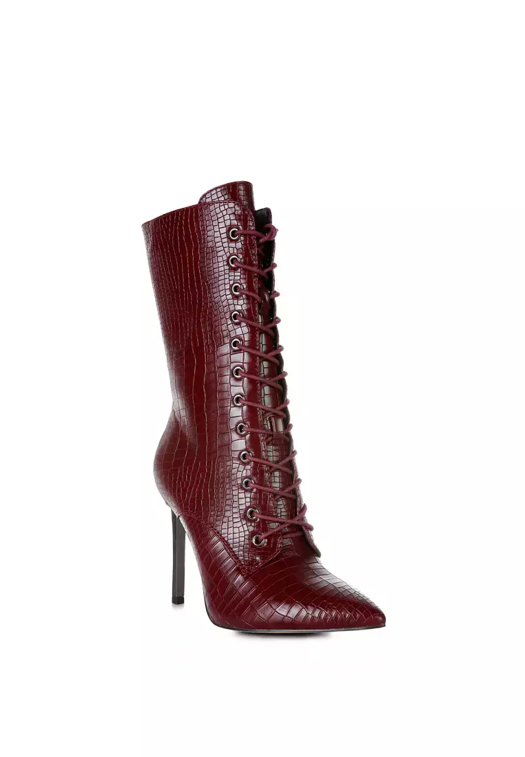 Croc Textured Over The Ankle Boots in Burgundy