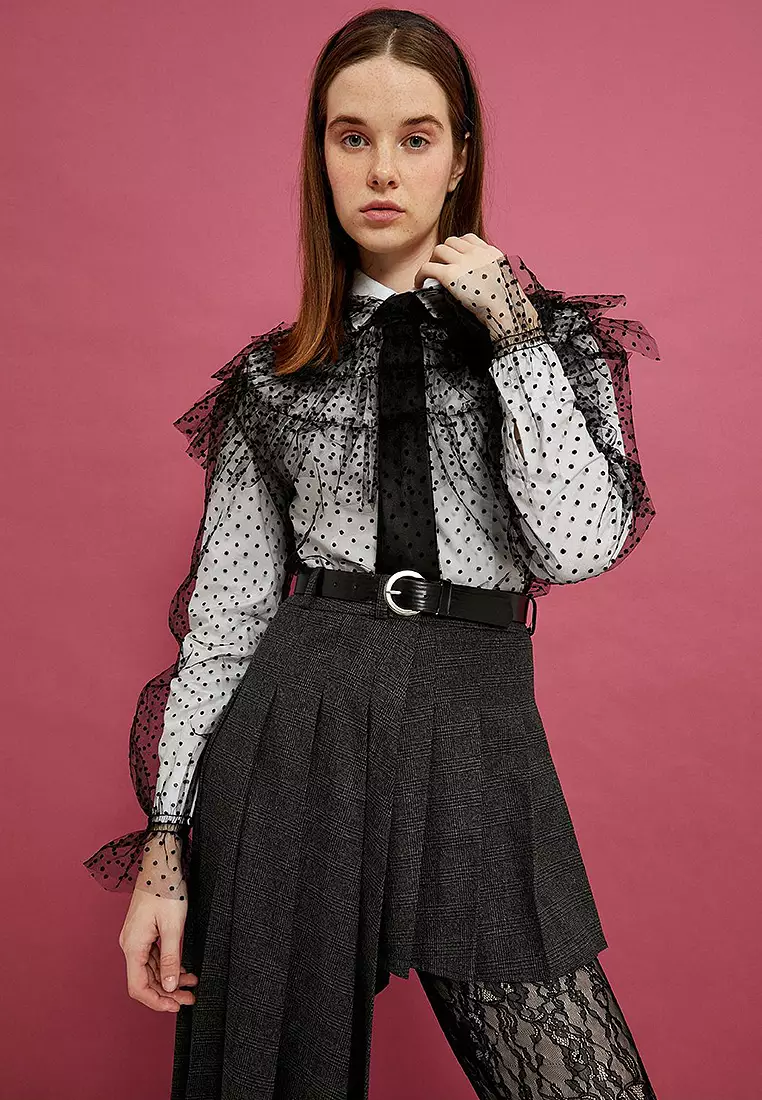Buy KOTON Hooded Tulle Sheer Blouse Frilly Long Sleeve Polka Dot