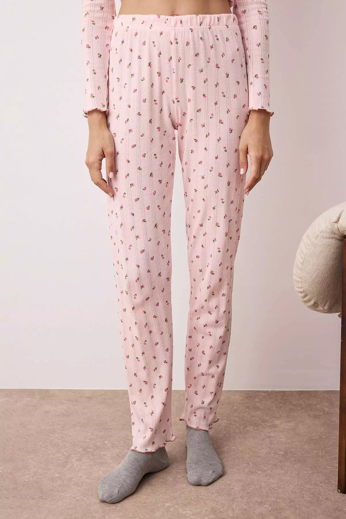 Pink Floral Ribbon/Bow Ribbed/Pointel Knitted Pajamas Set