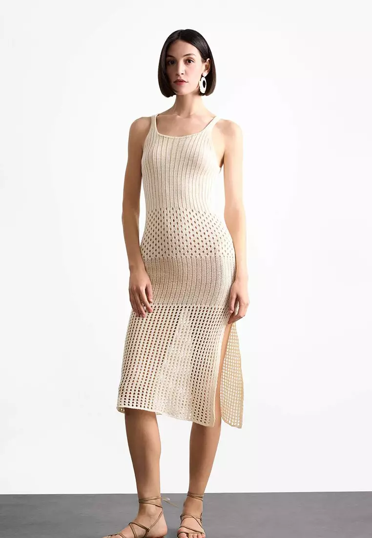 Crochet Knitwear Midi Beach Dress with Strap F7449Ax25Sm