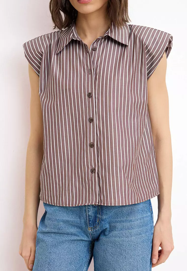 Brown Striped Sleeveless Shoulder Pad Pack Shirt Twoss26Go14
