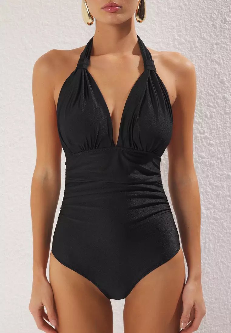 Black V Neck Draped Regular Swimsuit