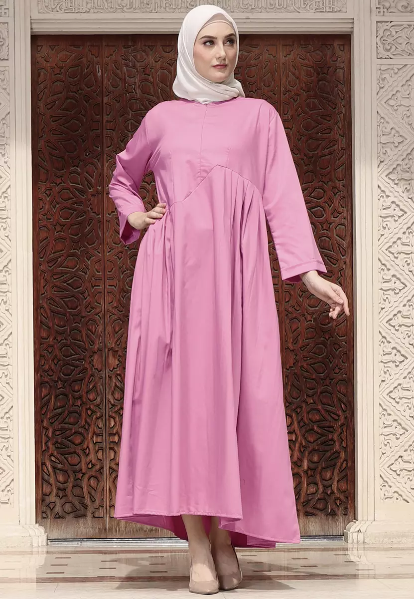 JV Hasanah Faiza Rample Dress Pink | Gamis Wanita Katun Toyobo Rample