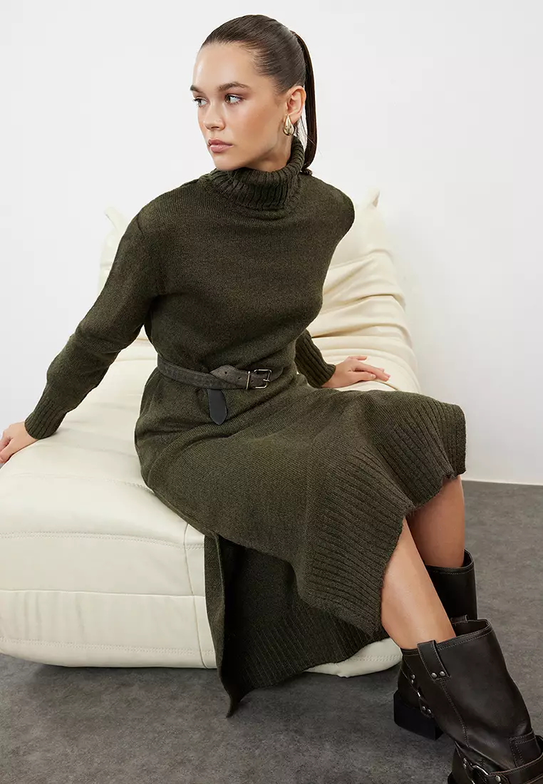 Khaki Midi Wide Fit Soft Texture Knitwear Dress