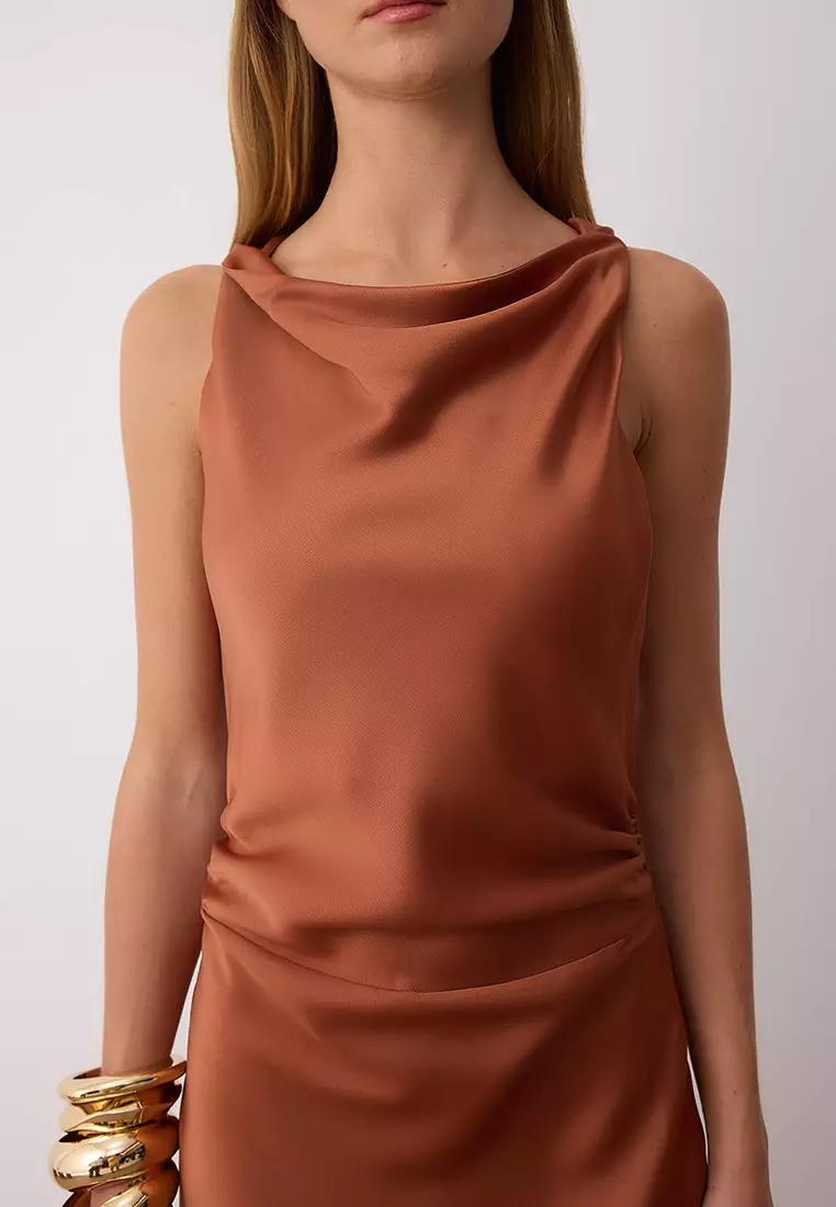 Brown Body Fitting Satin Maxi Evening Dress