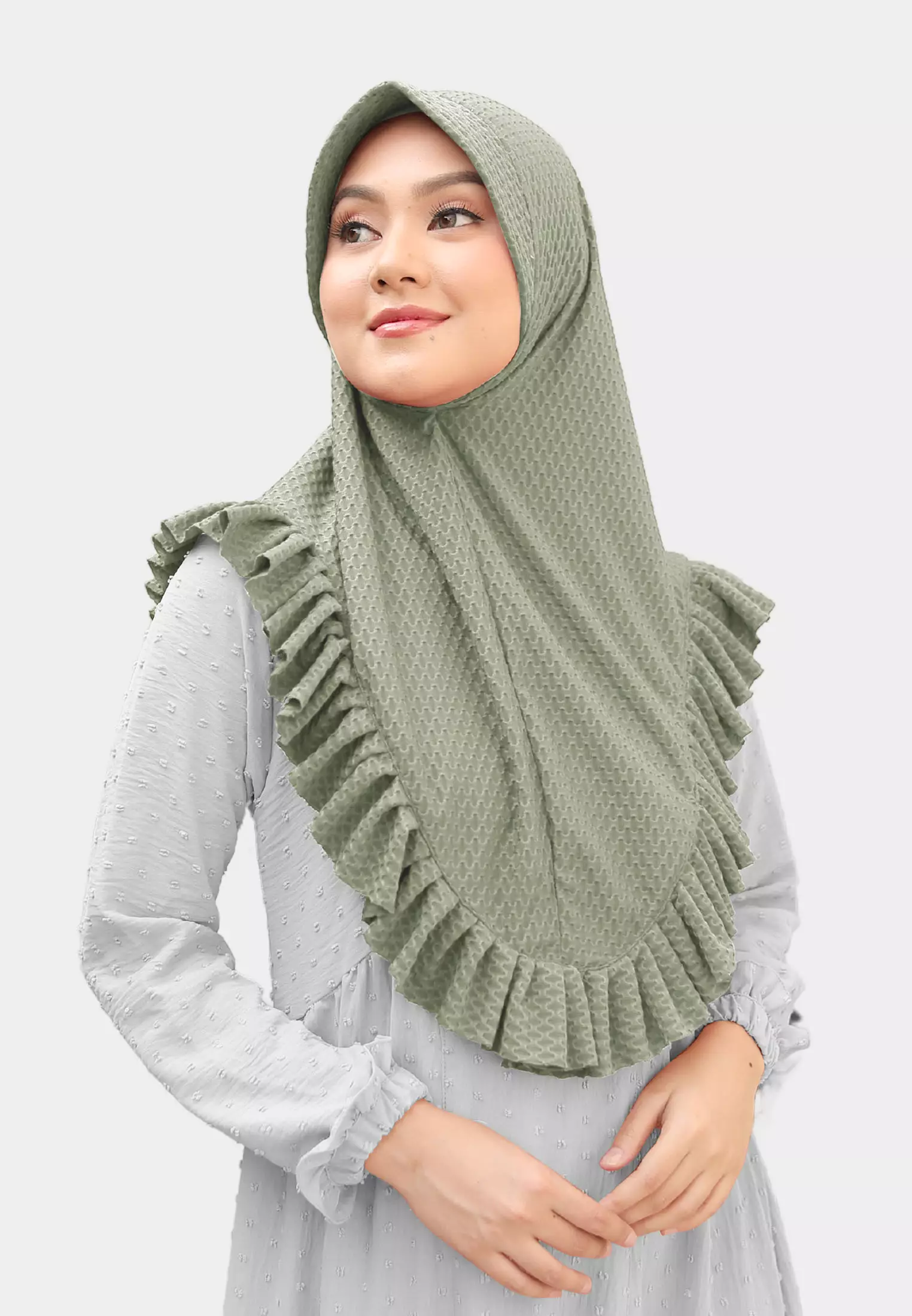 Cotton Bee - Sabeen Bergo Ruffle | Hijab Instan | Bergo Pad | Daily Hijab - Smoke Green