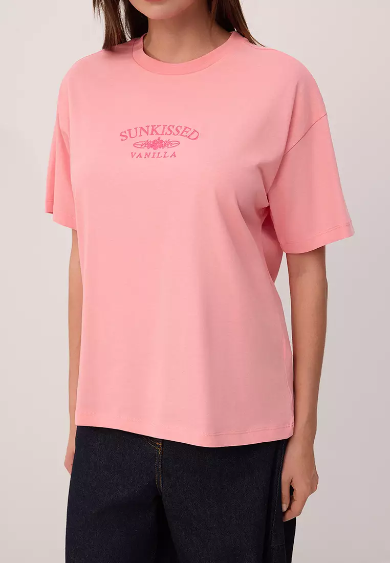 Pink Slogan Oversize Crew Neck Low Sleeve Short Long 1% Cotton Knitted T-Shirt Twoss26Ts21