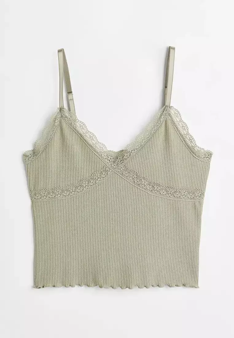 H&M Lace-trimmed Ribbed Tank Top Size S Heather - Depop