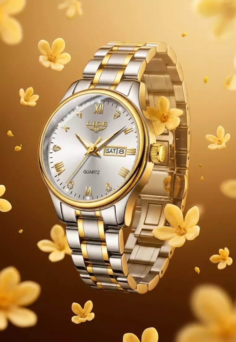 Ladies Day/Date Light Metal Alloy Quartz Watch, 29mm Diameter, Stainless Steel Bracelet