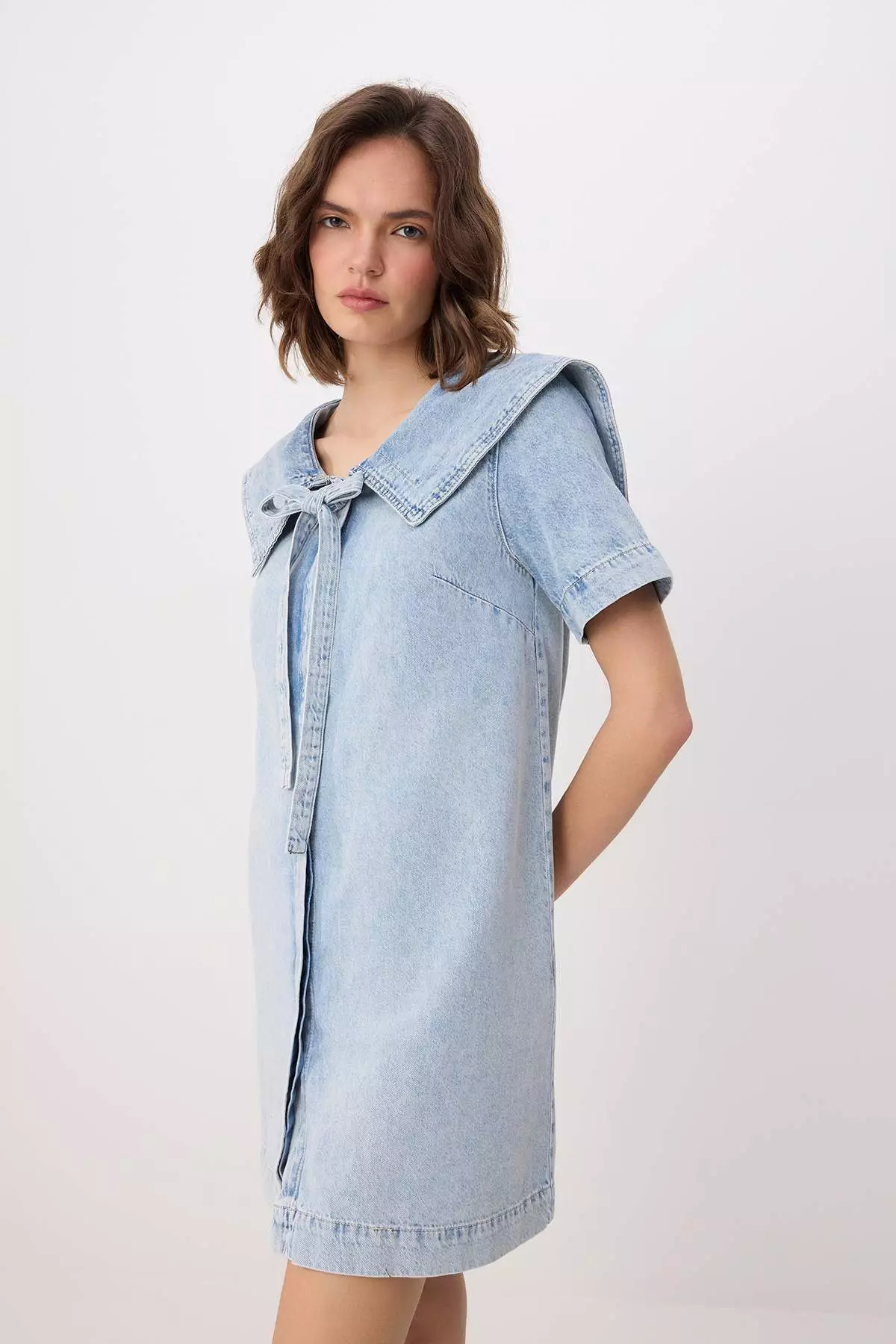 Light Blue Baby Collar Detailed 1% Cotton Mini Denim Dress Twoss26El41
