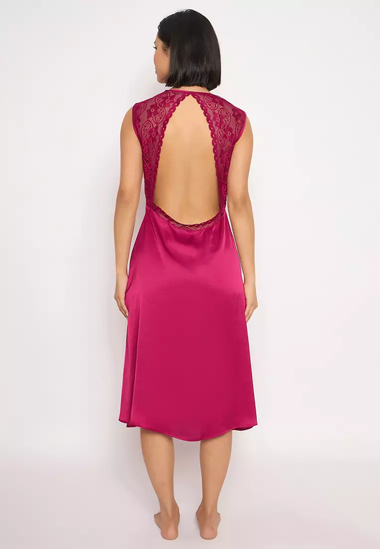 Clovia Backless Night Dress in Magenta - Satin