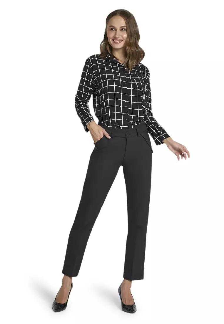 Fitzgerald Celana Kerja Motif Solid Trousers Bawahan Wanita Formal - Hitam