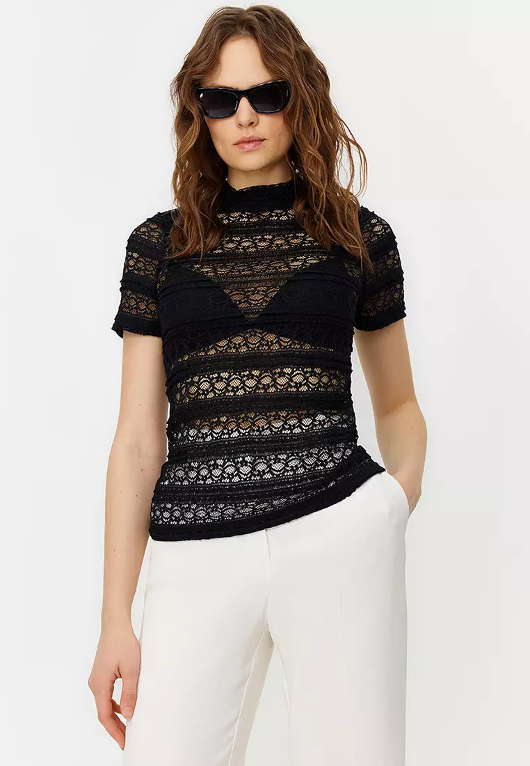 High Neck Lace Top, Black
