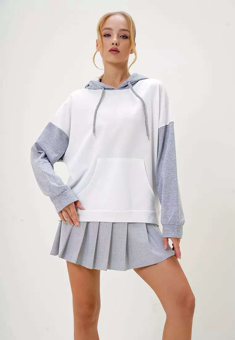 Women's Ecru Brandy Color Block Oversized Hoodie / Sweatshirt Alc-X4977