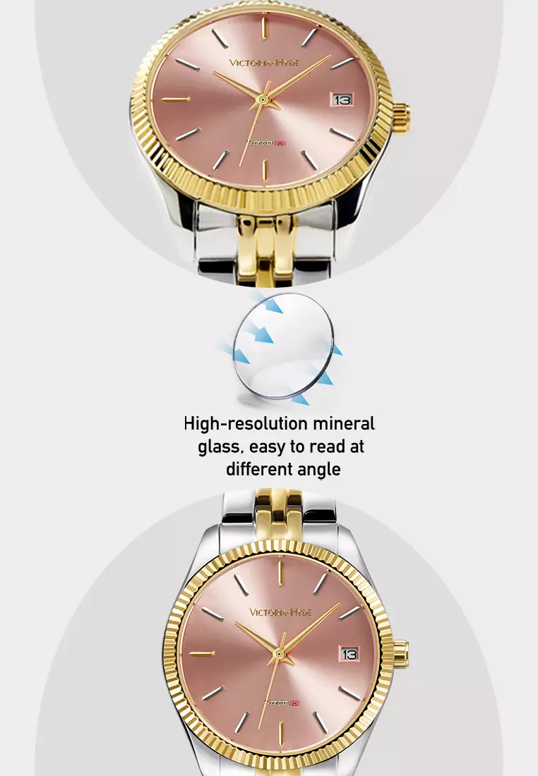 Women's Watch 32mm Pink Round Dial Stainless Steel Strap Calendar Function Rose Mary-Pink