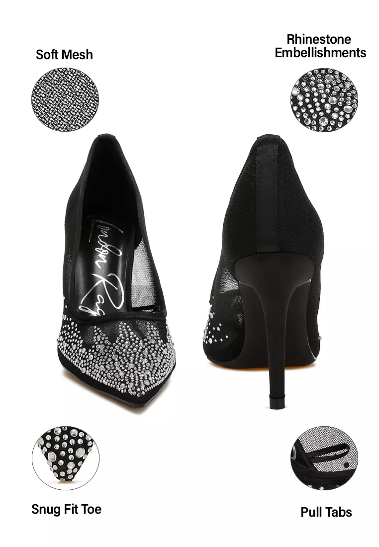 黑色網眼萊茵石細高跟鞋