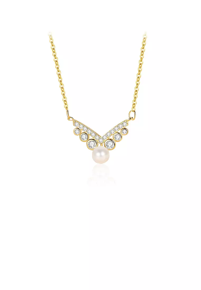 925 Sterling Silver Plated Gold Fashion and Elegant V shaped Imitation Pearl Pendant with Cubic Zirconia and Necklace