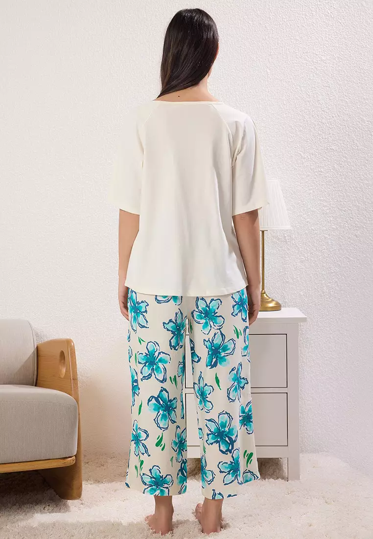 Ecru Floral Top 100% Cotton Bottom Woven Capri Knitted Pajama Set Thmss25Pt00366