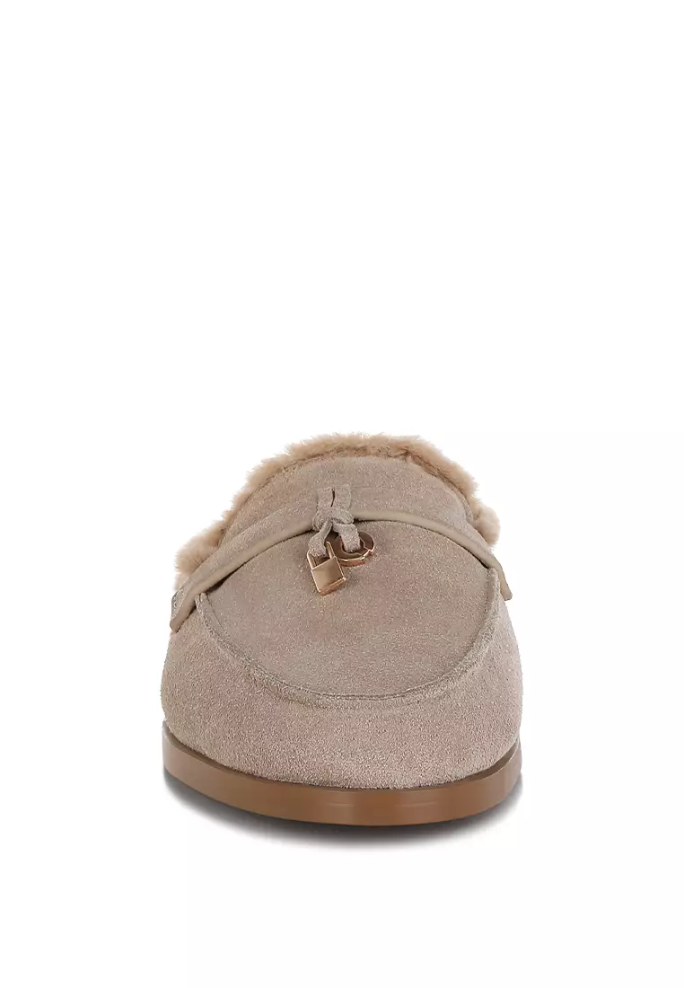 Suede & Faux Fur Slip-On Mules in Beige