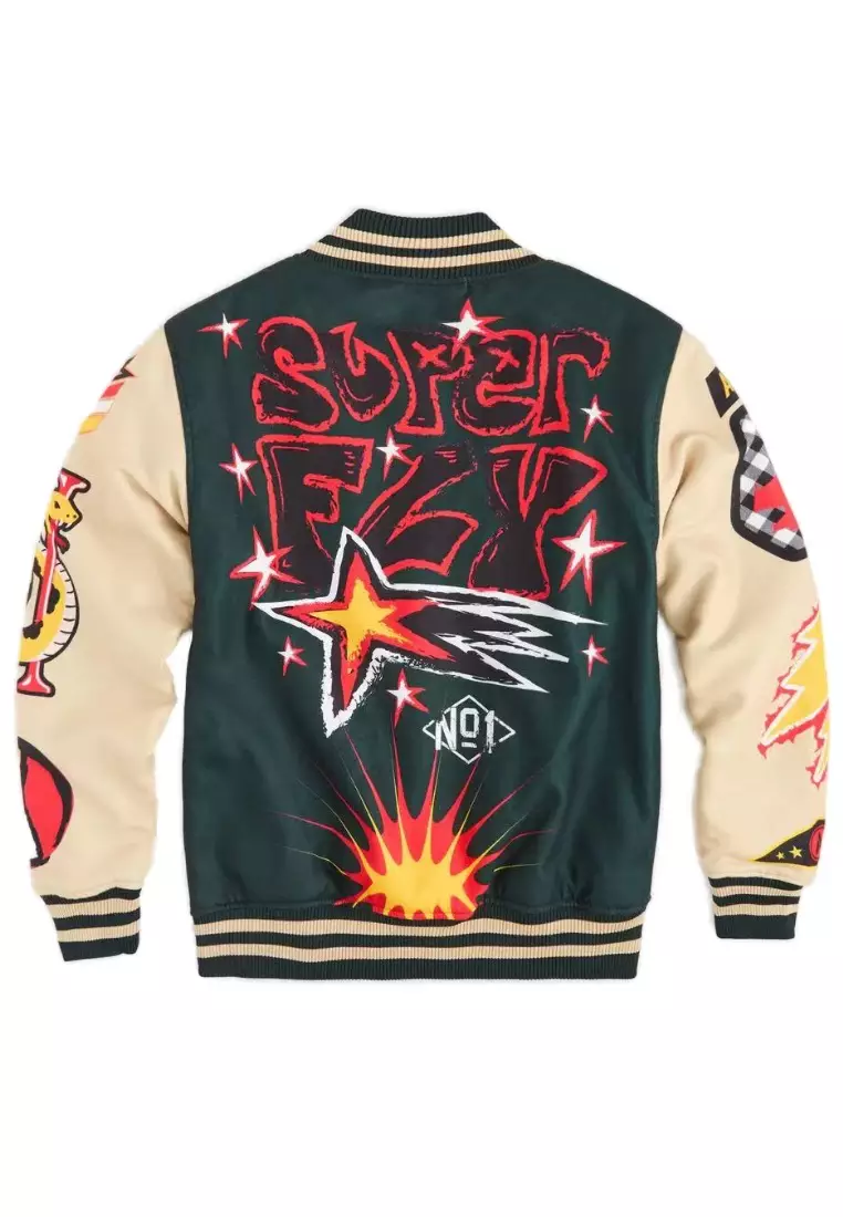 NYC Streetwear - Super Fly Varsity Jacket - Ivory/Green