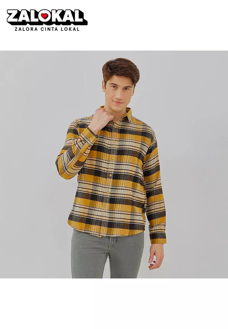 PAULMAY Kemeja Flanel Pria Lengan Panjang Kuning 6712