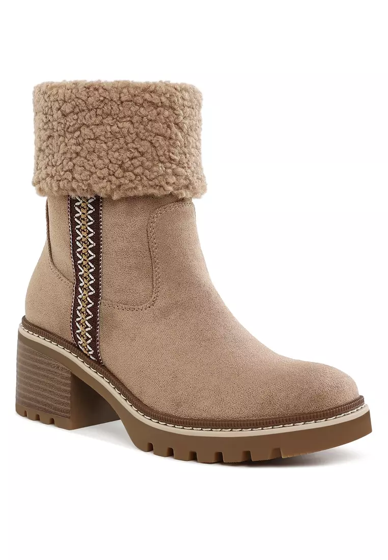 Faux Fur & Embroidery Detail Boots in Beige