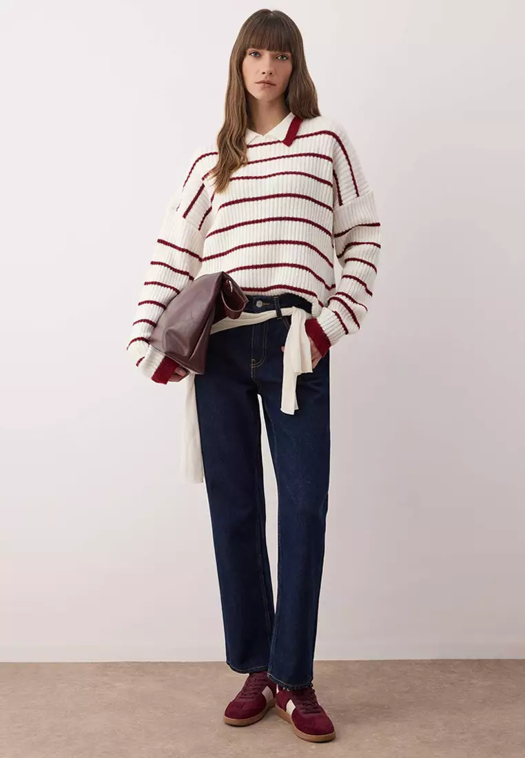 White Polo Neck Striped Knitwear Sweater Twoaw26Kz268