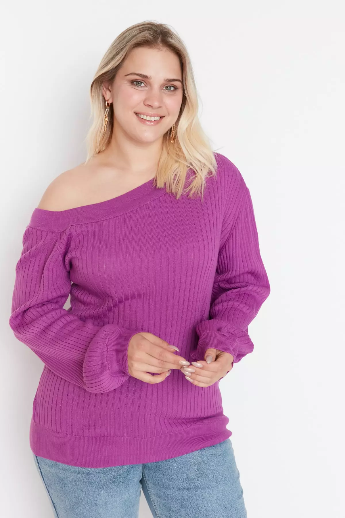 Purple off the hot sale shoulder sweater