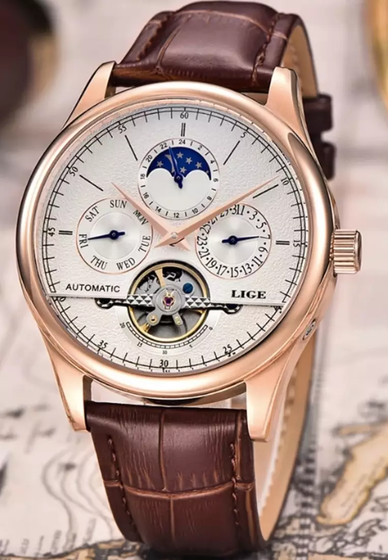 Unisex AUTOMATIC IP Rose Gold Color Stainless Steel Watch 44mm, Brown Leather Strap