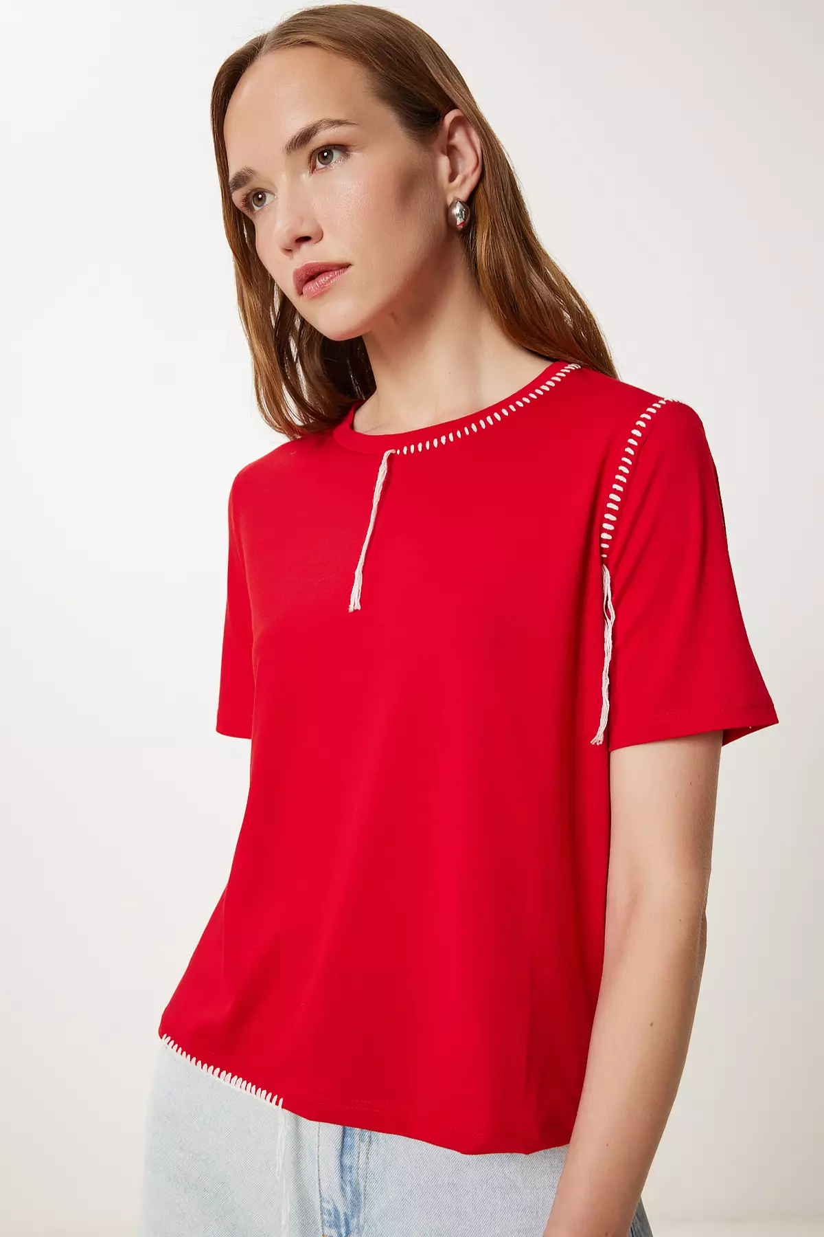 Women's Red Contrast Stitching Detailed Knitted T-Shirt Tp00087