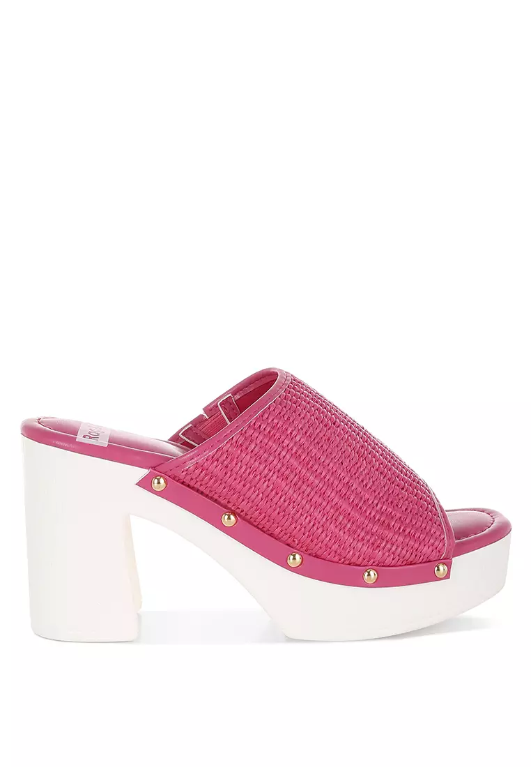 Raffia Wooden Clogs In Pink