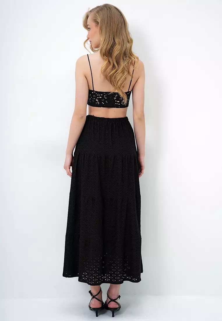 Women's Black Katkat Flounce Guipure Premium Skirt Alc-X14141