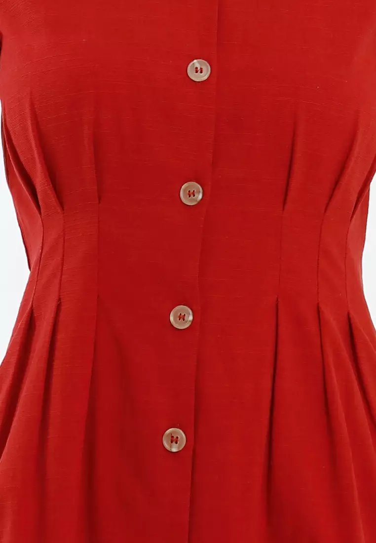 Forest Ladies Cotton Linen Dress Women Button Up V-Neck Dress - 885101-58BrickRed