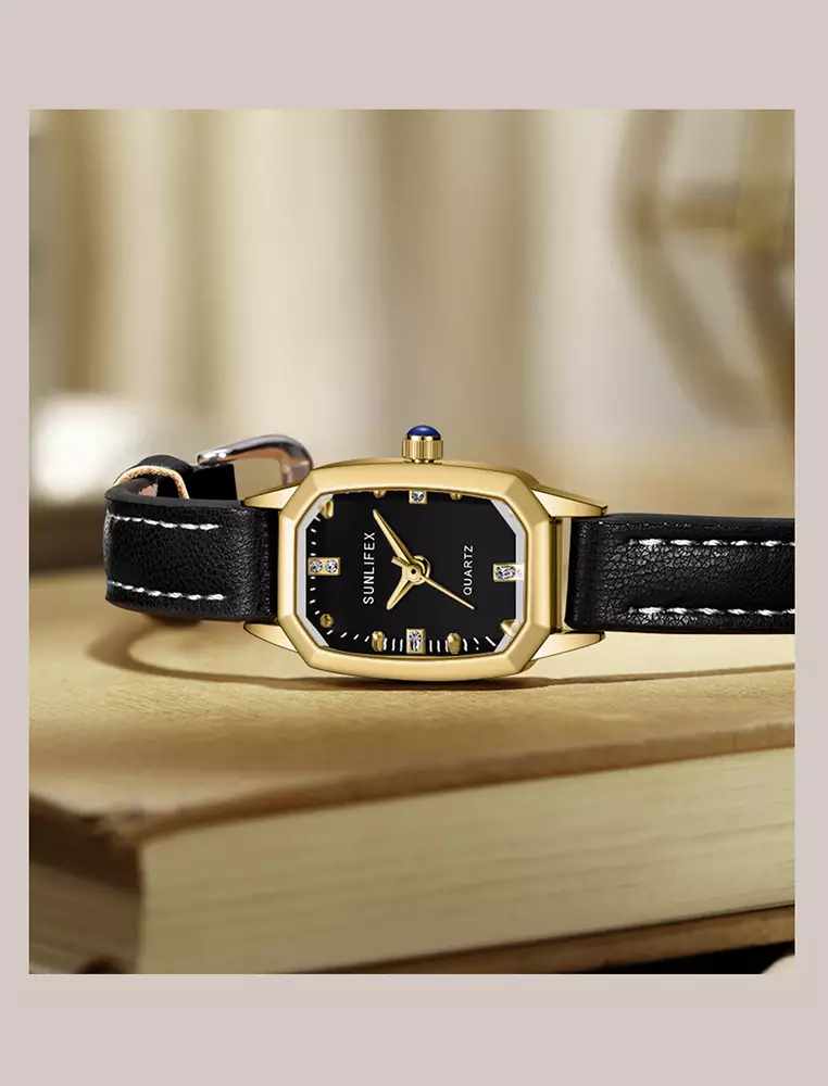 Jam Tangan Wanita Mode Tali Kulit Gaya retro Korea Berlian Jam Tangan Cewek Black