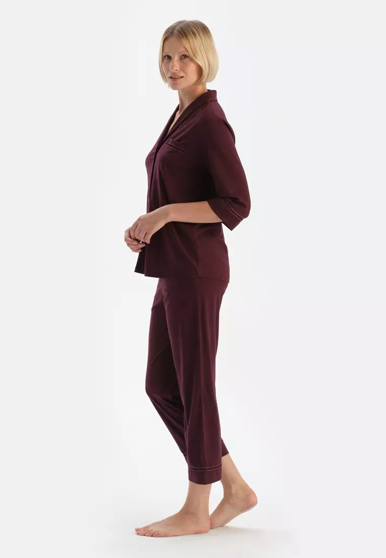 Bordeaux Shirt & Trousers, Shirt Collar, Regular Fit, Long Sleeve Sleepwear for Women