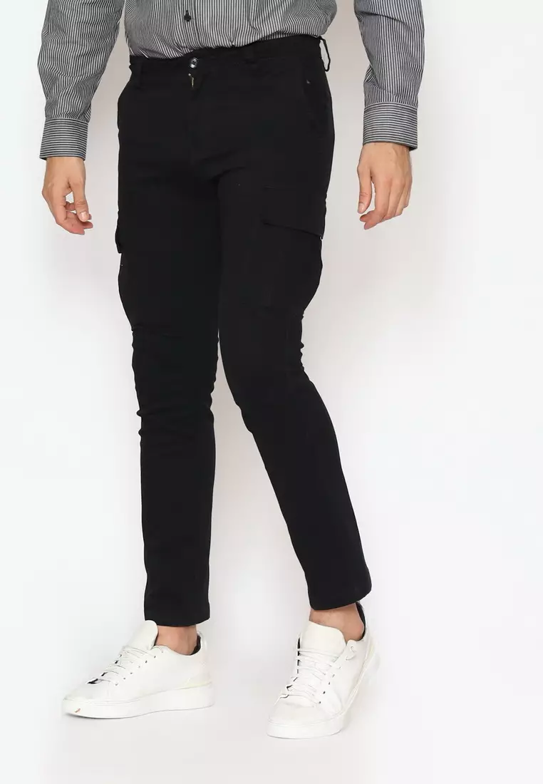 POLICE Celana Cargo Panjang Black Slim Fit Cotton Premium Pria