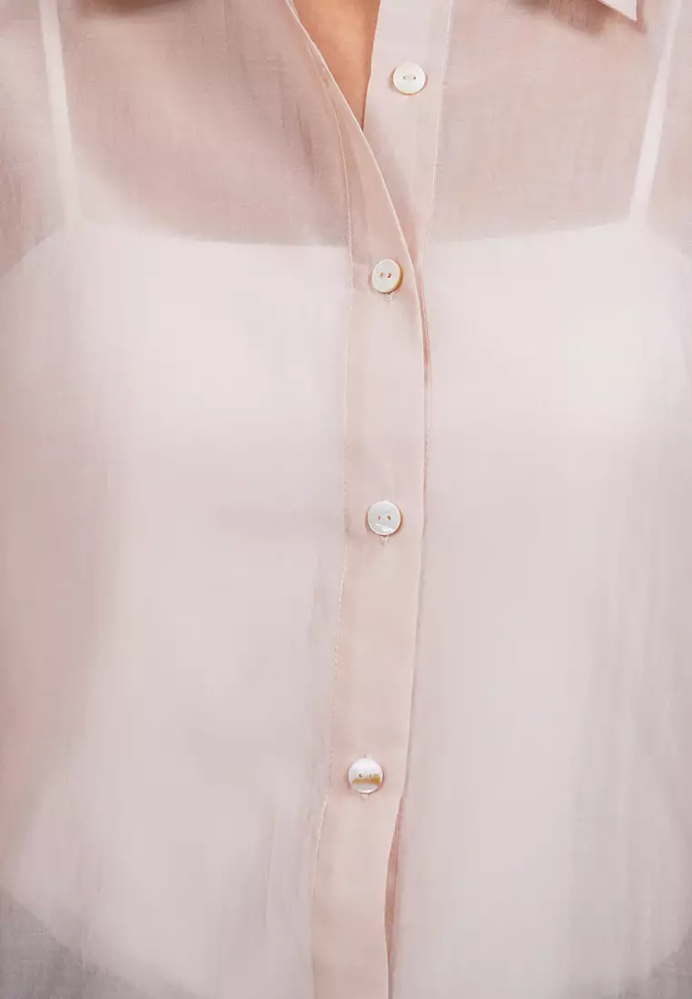 See Through Long Sleeve Loose Blouse OFF WHITE