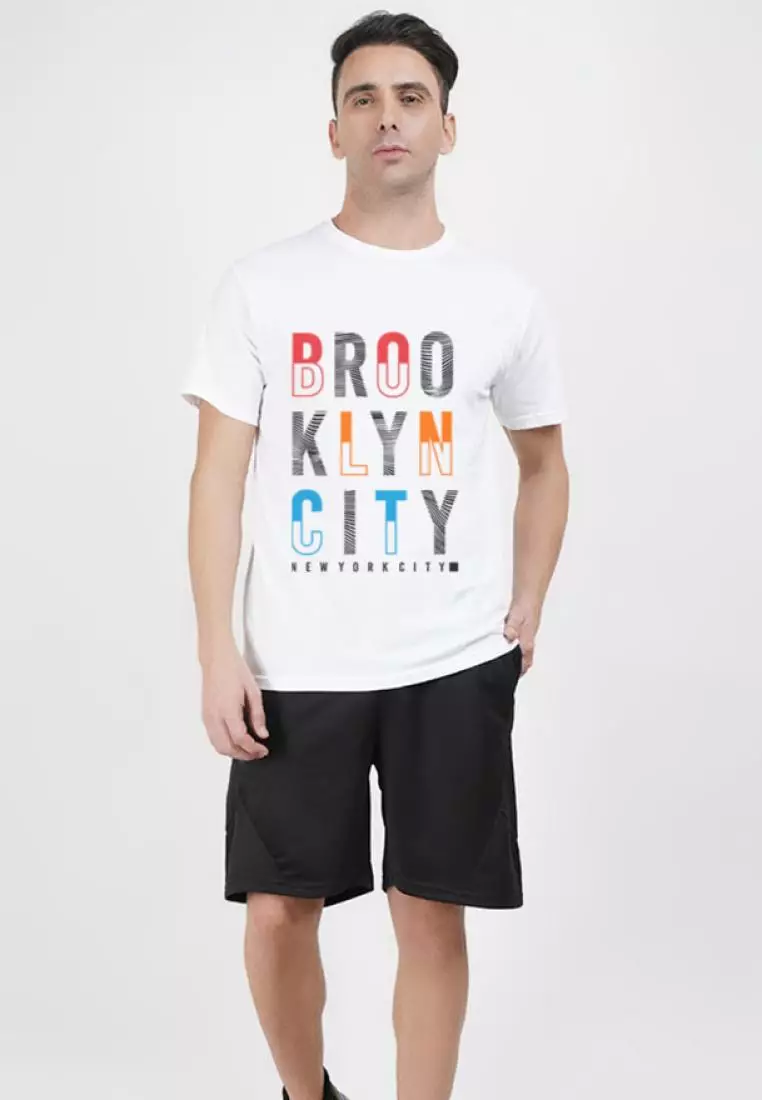 布鲁克林印花图案白色棉质短袖圆领休闲 T 恤