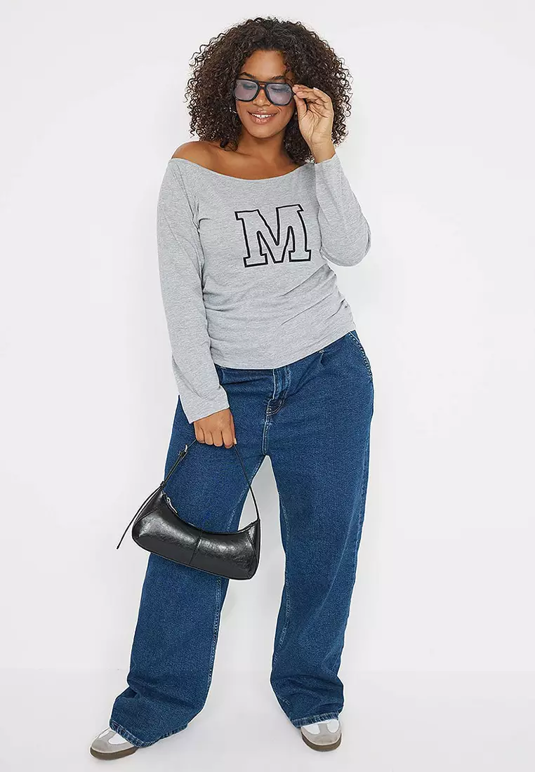Plus Size Open Shoulder Jersey T-Shirt
