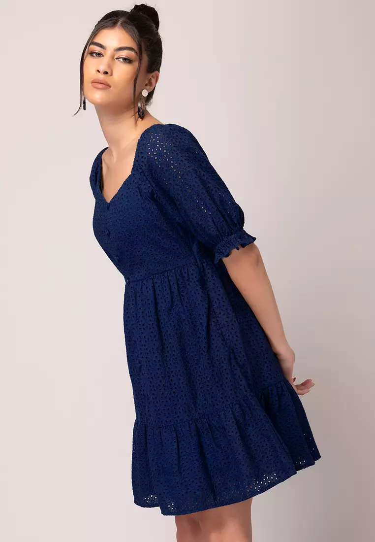 Navy Blue Schiffli Tiered Dress