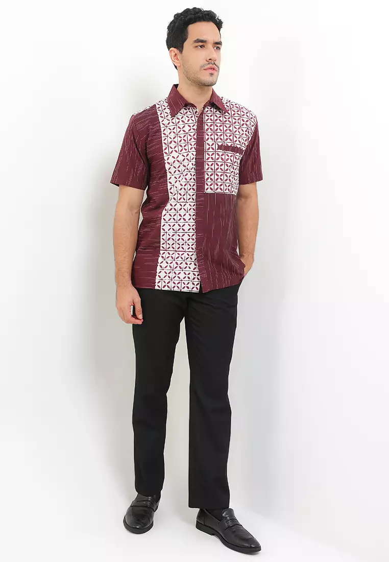 Hem Lengan Pendek Katun Batik Lurik Garutan Eksklusive Janitra Lining Furing Mahija Lengan Pendek Maroon