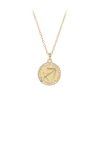 Glamorousky white 925 Sterling Silver Plated Gold Fashion Simple Twelve Constellation Sagittarius Geometric Round Pendant with Cubic Zirconia and Necklace CFE9CACAB47AC0GS_1