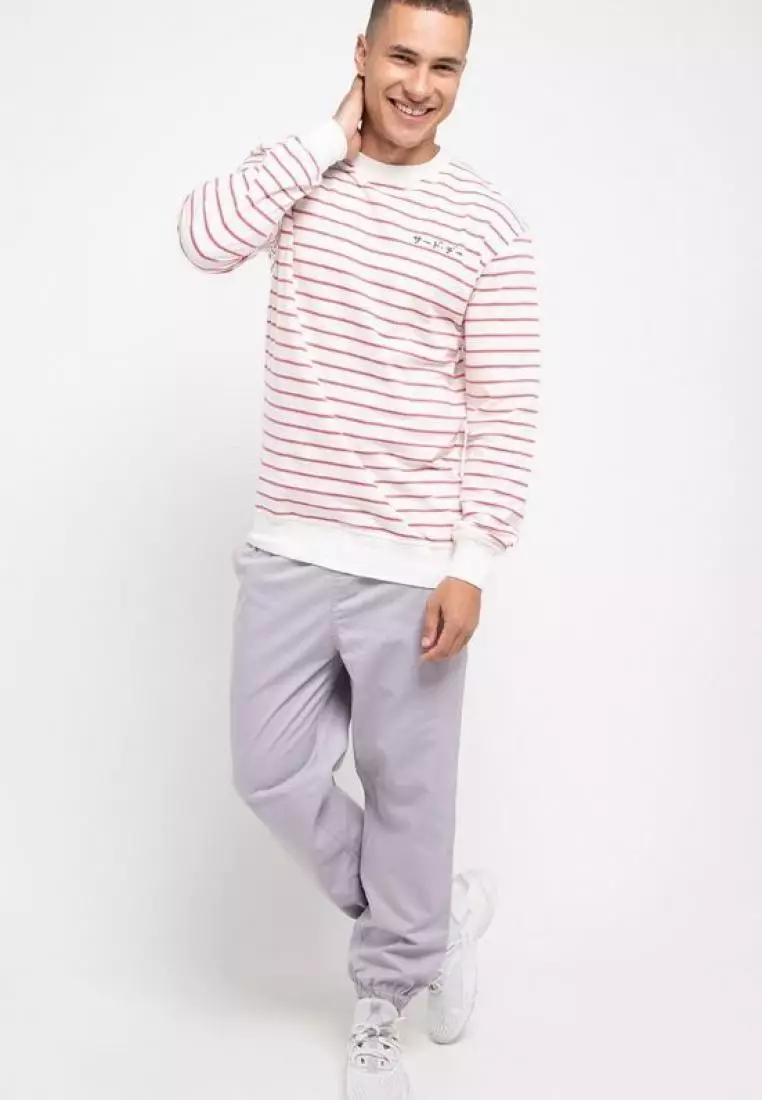 MO186 Third Day Sweater Stripe Casual Pria Dakir Katakana Putih Pink