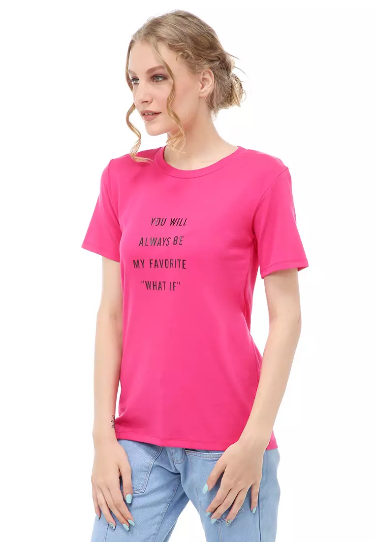 Genevie Kaos Kasual Wanita Lengan Pendek You Will Be Material Cotton ORIGINAL - Pink Fanta