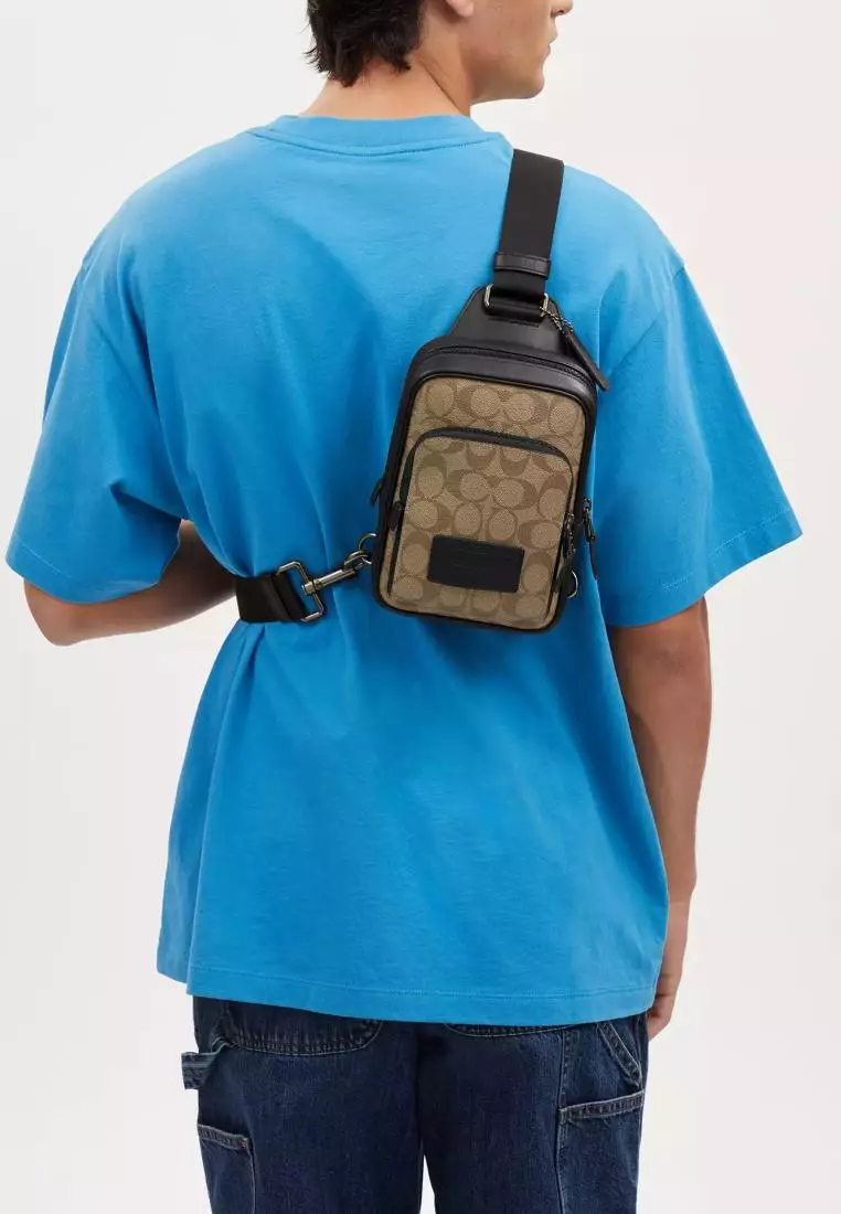 Coach Track Pack 14 In Signature Canvas Khaki Black